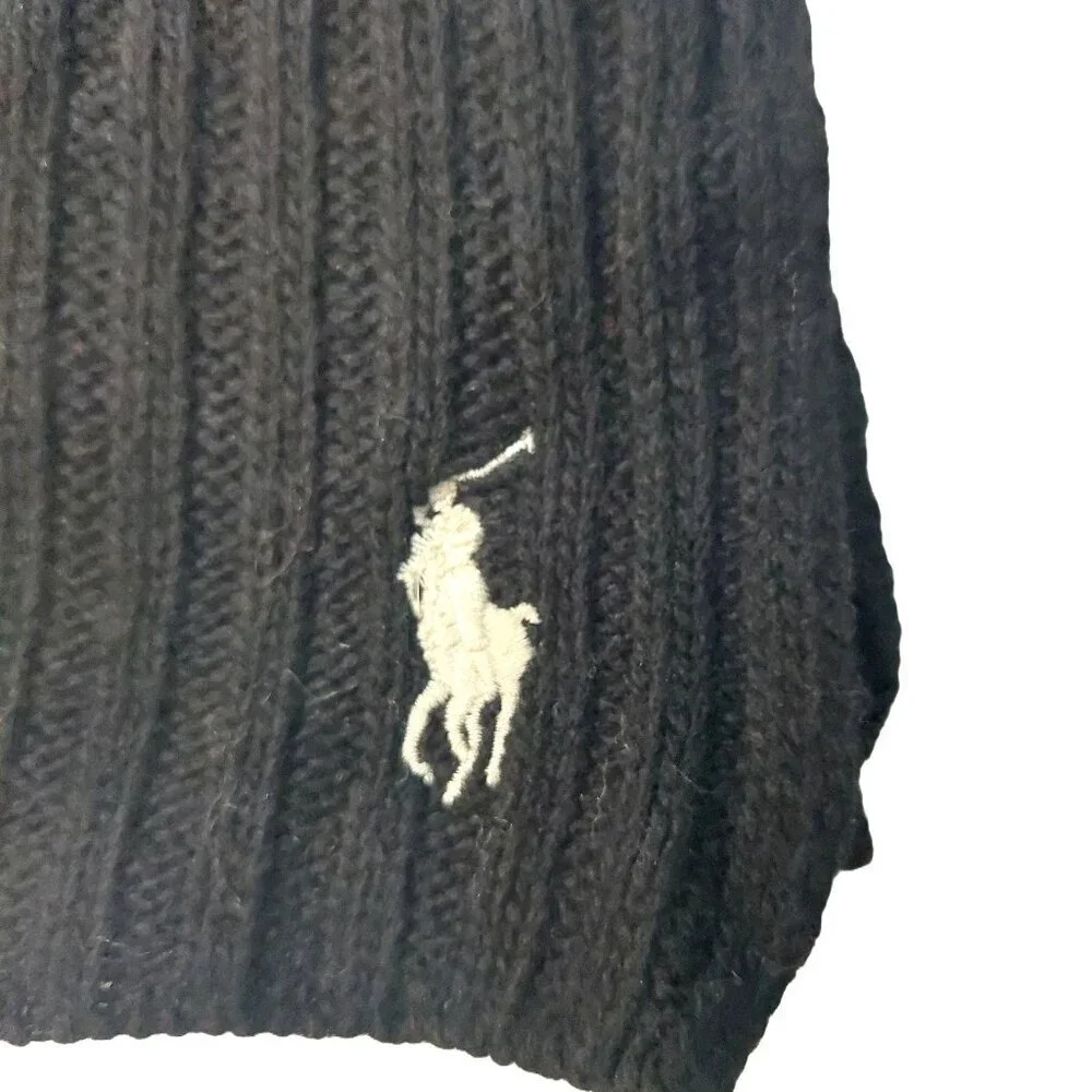 POLO Ralph Lauren 80s Vintage Black Ribbed Knit Scarf Embroidered Logo Scarves